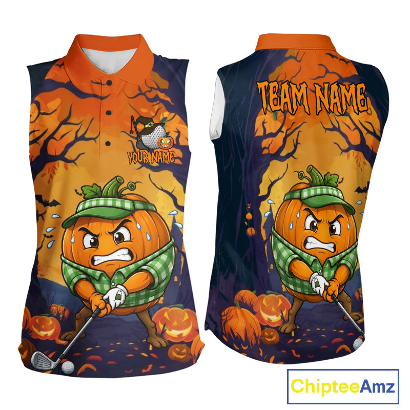 Funny Pumpkin Golfer Halloween Golf Sleeveless Polo Shirt Custom Halloween Golf Team Attire