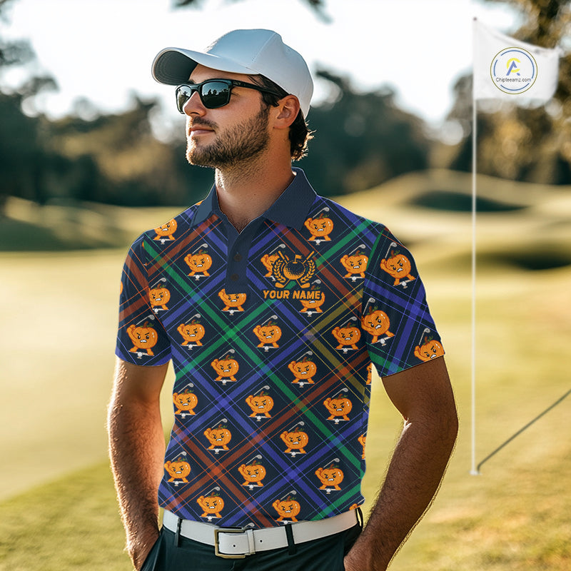 Plaid Caro Pumpkin Pattern Golf Polo Shirt Custom Golf Apparel Halloween Shirt