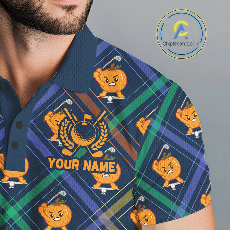Plaid Caro Pumpkin Pattern Golf Polo Shirt Custom Golf Apparel Halloween Shirt
