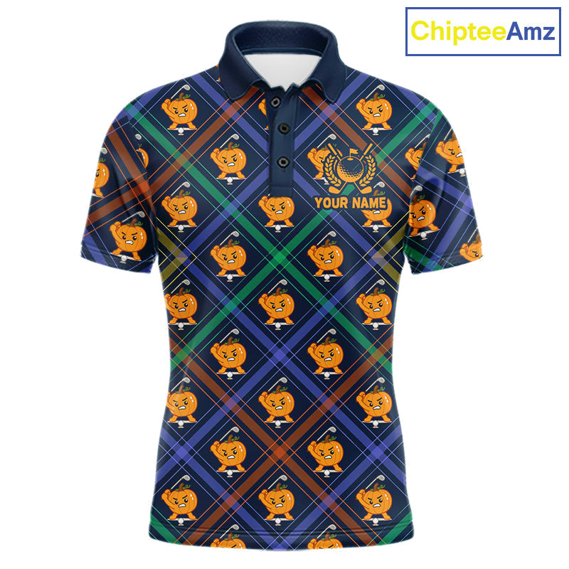 Plaid Caro Pumpkin Pattern Golf Polo Shirt Custom Golf Apparel Halloween Shirt