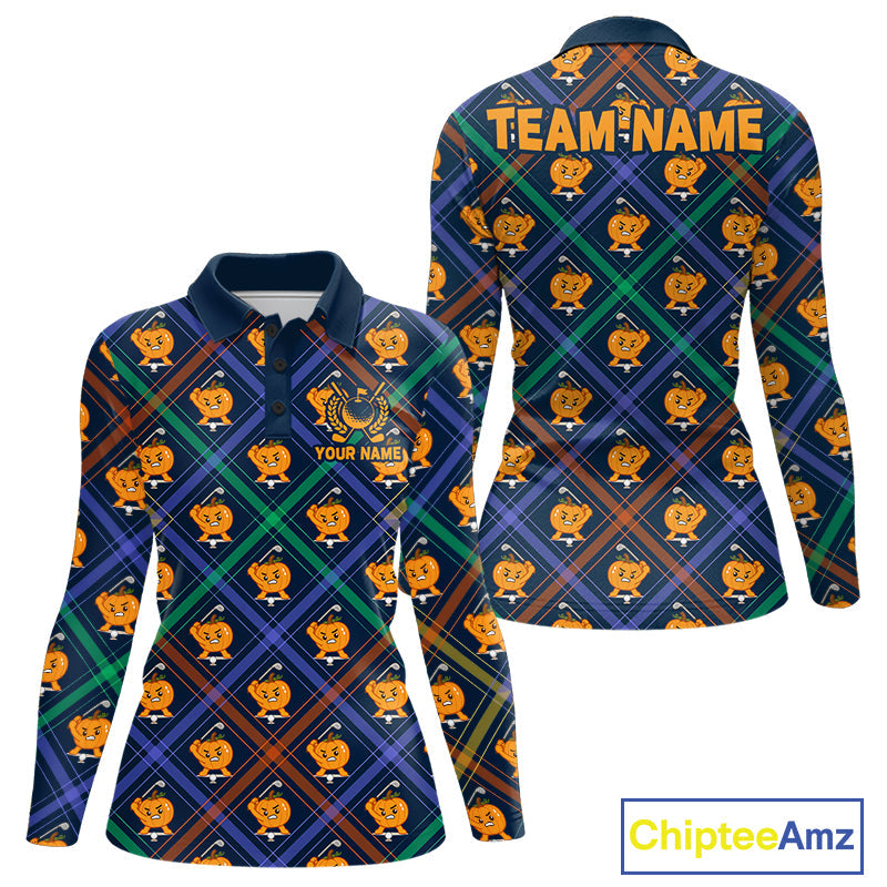 Plaid Caro Pumpkin Pattern Golf Polo Shirt Custom Golf Apparel Halloween Shirt