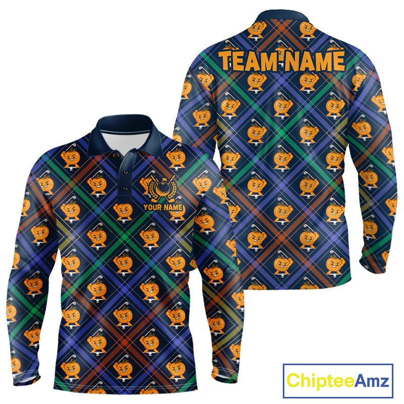 Plaid Caro Pumpkin Pattern Golf Polo Shirt Custom Golf Apparel Halloween Shirt