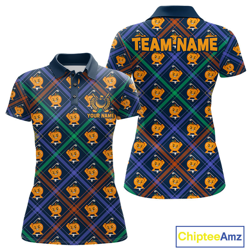 Plaid Caro Pumpkin Pattern Golf Polo Shirt Custom Golf Apparel Halloween Shirt