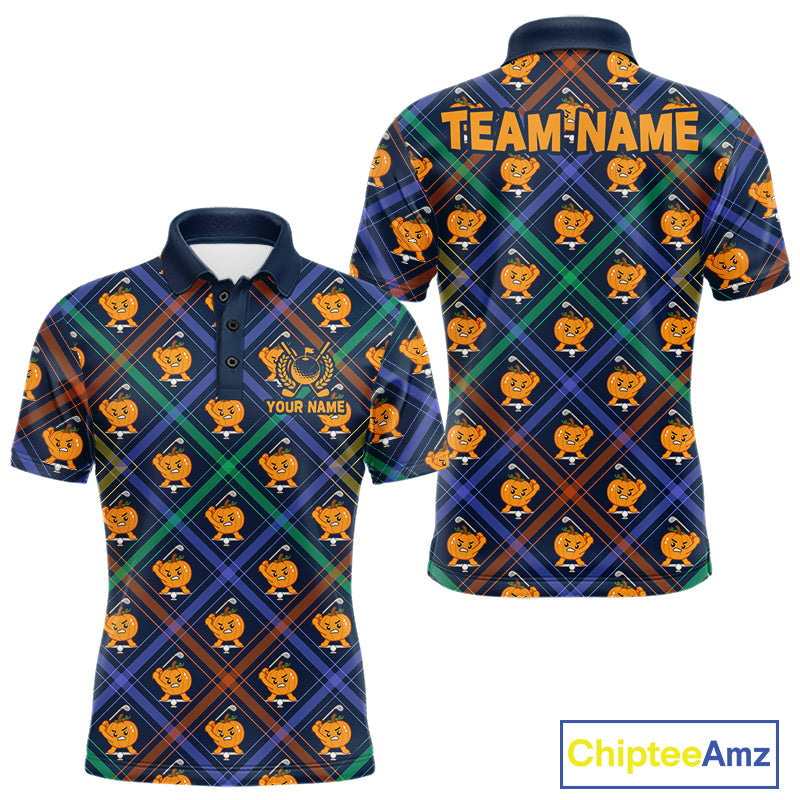 Plaid Caro Pumpkin Pattern Golf Polo Shirt Custom Golf Apparel Halloween Shirt