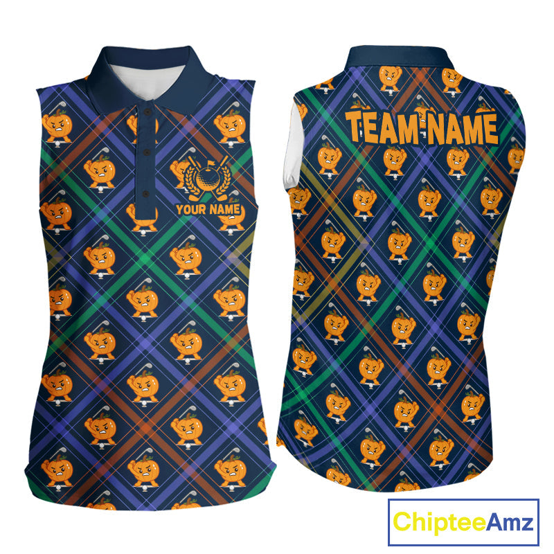 Plaid Caro Pumpkin Sleeveless Golf Polo Shirt Custom Golf Apparel Halloween Shirt