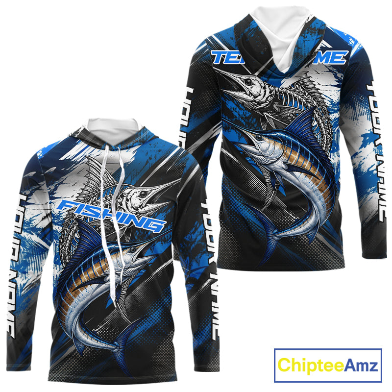 Custom Blue Marlin Fishing Jersey Marlin Skeleton Fishing Tournament Shirt, Saltwater Angler Apparel Gifts