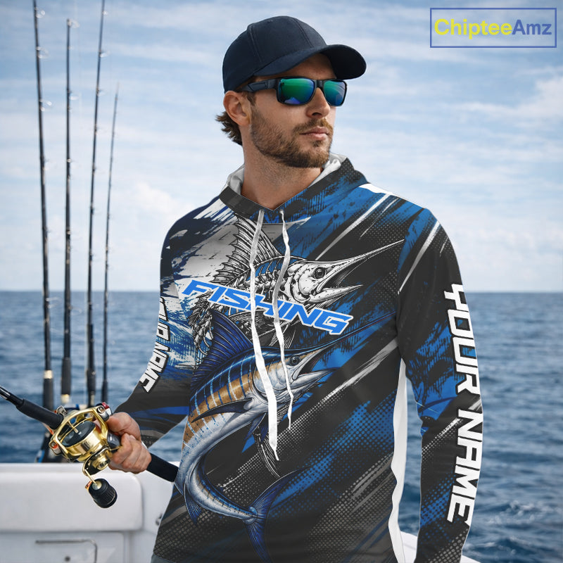 Custom Blue Marlin Fishing Jersey Marlin Skeleton Fishing Tournament Shirt, Saltwater Angler Apparel Gifts