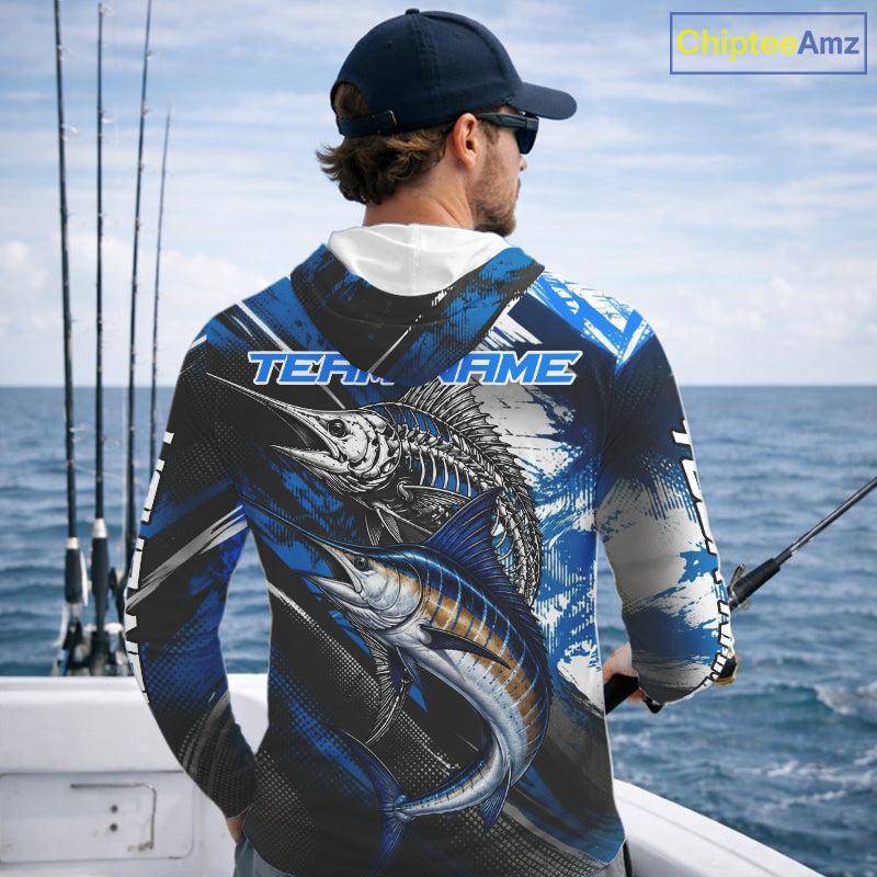 Custom Blue Marlin Fishing Jersey Marlin Skeleton Fishing Tournament Shirt, Saltwater Angler Apparel Gifts