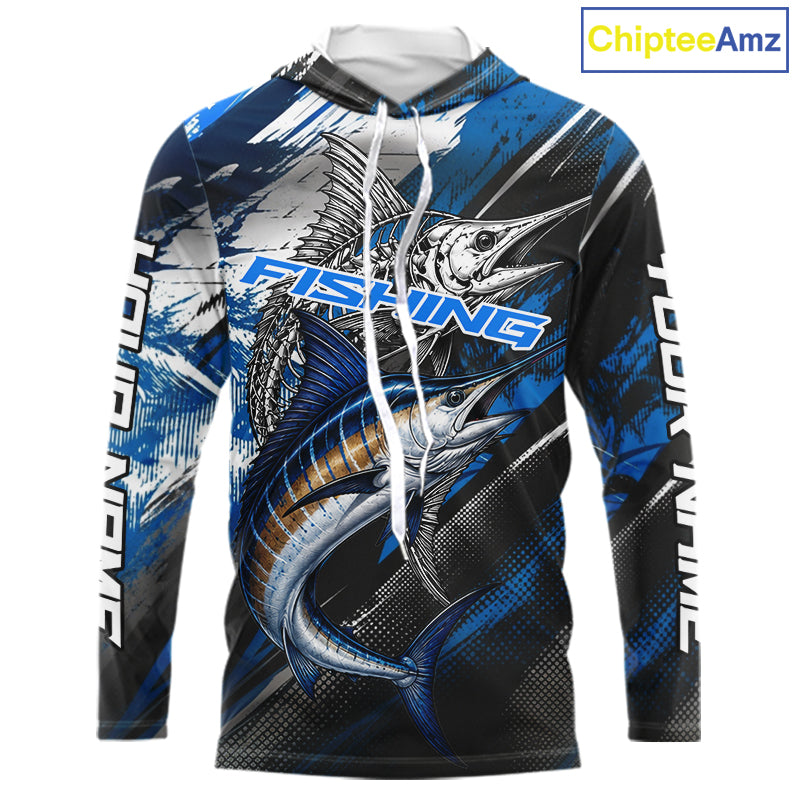 Custom Blue Marlin Fishing Jersey Marlin Skeleton Fishing Tournament Shirt, Saltwater Angler Apparel Gifts