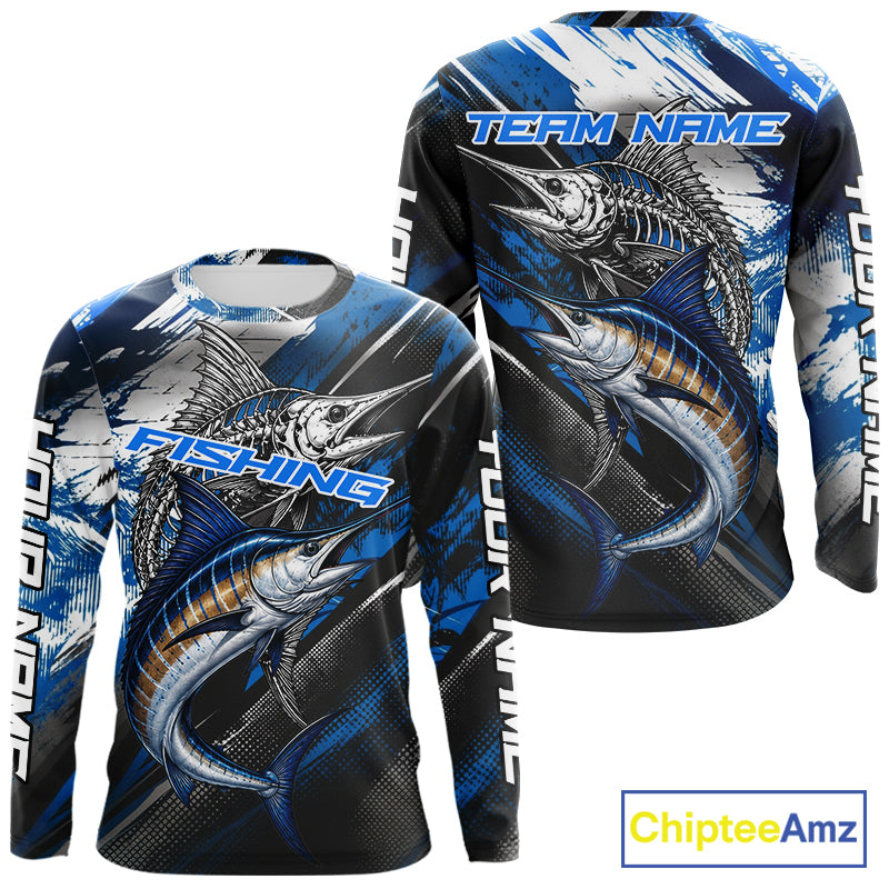 Custom Blue Marlin Fishing Jersey Marlin Skeleton Fishing Tournament Shirt, Saltwater Angler Apparel Gifts