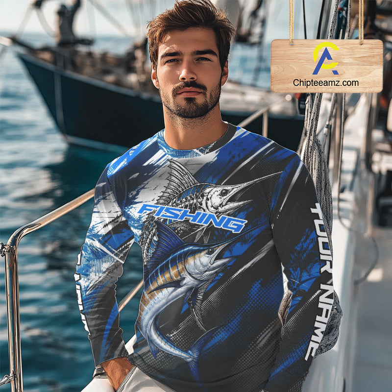 Custom Blue Marlin Fishing Jersey Marlin Skeleton Fishing Tournament Shirt, Saltwater Angler Apparel Gifts