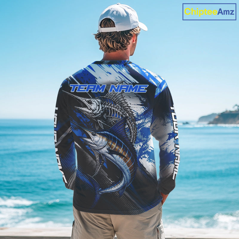 Custom Blue Marlin Fishing Jersey Marlin Skeleton Fishing Tournament Shirt, Saltwater Angler Apparel Gifts