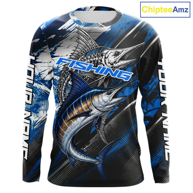 Custom Blue Marlin Fishing Jersey Marlin Skeleton Fishing Tournament Shirt, Saltwater Angler Apparel Gifts