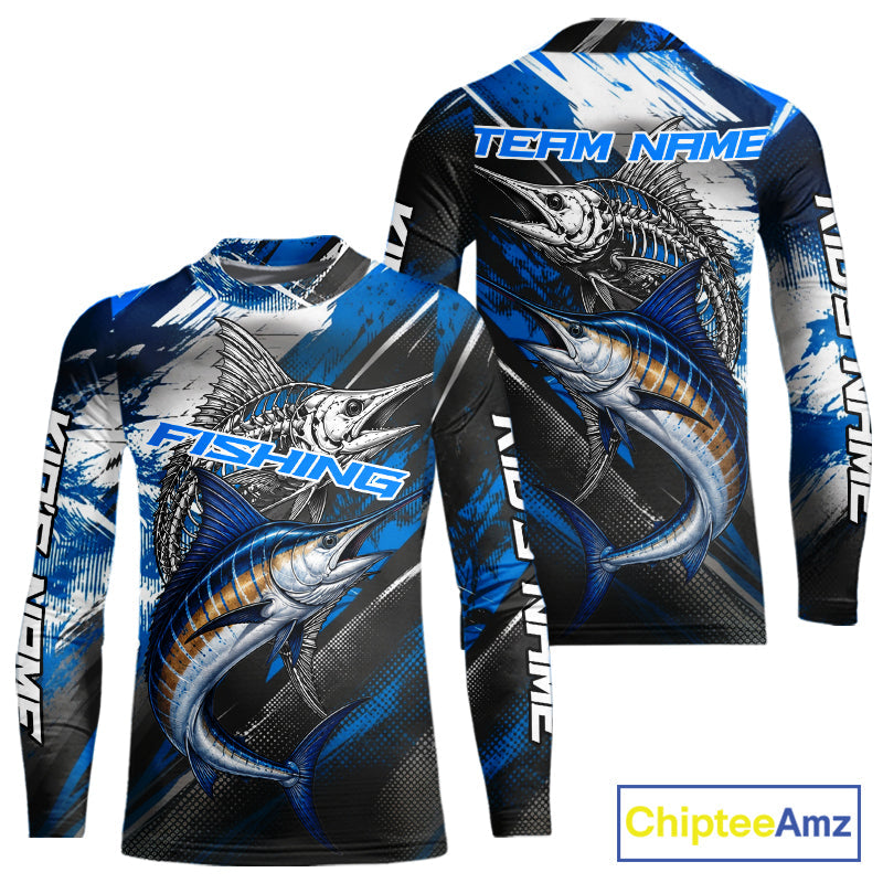 Custom Blue Marlin Fishing Jersey Marlin Skeleton Fishing Tournament Shirt, Saltwater Angler Apparel Gifts