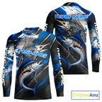Custom Blue Marlin Fishing Jersey Marlin Skeleton Fishing Tournament Shirt, Saltwater Angler Apparel Gifts
