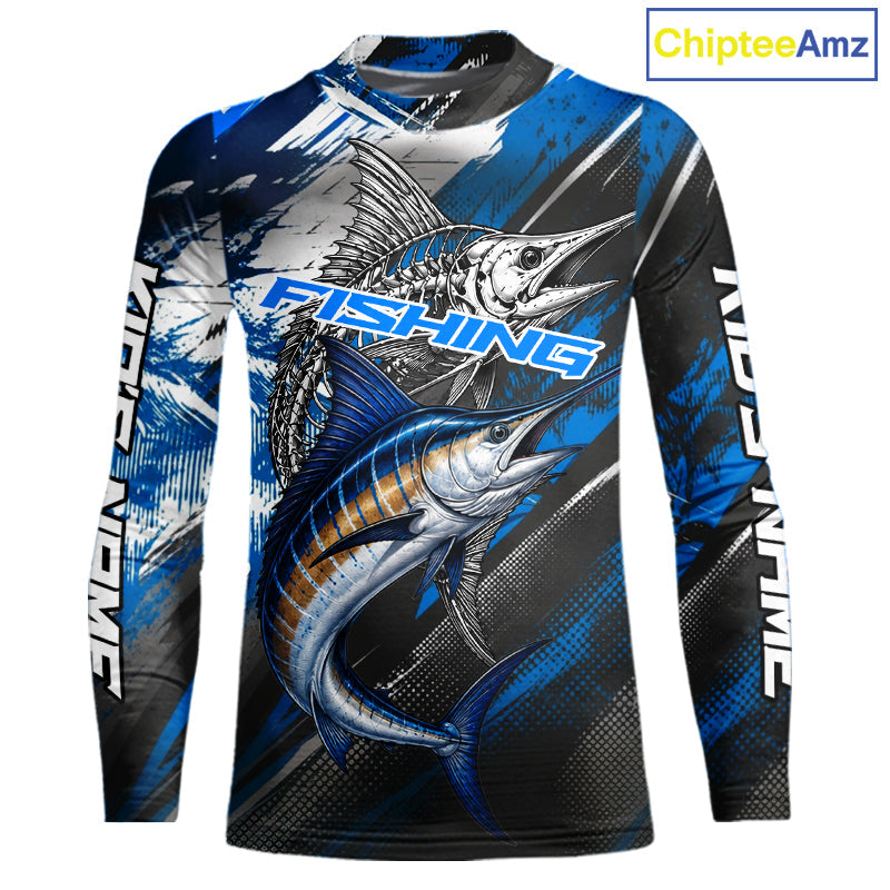 Custom Blue Marlin Fishing Jersey Marlin Skeleton Fishing Tournament Shirt, Saltwater Angler Apparel Gifts