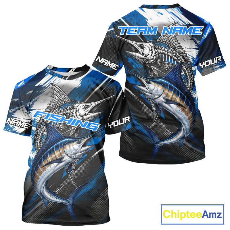 Custom Blue Marlin Fishing Jersey Marlin Skeleton Fishing Tournament Shirt, Saltwater Angler Apparel Gifts