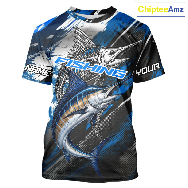Custom Blue Marlin Fishing Jersey Marlin Skeleton Fishing Tournament Shirt, Saltwater Angler Apparel Gifts