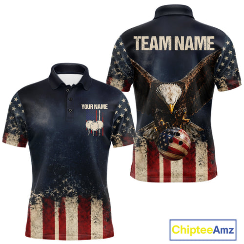 American Flag Grunge Bowling Team Jerseys Custom Eagle Patriot Bowling Polo 1/4-Zip Shirt