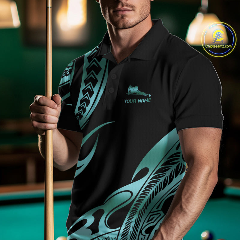 Personalized Black & Teal Tribal Pattern 8 Ball Pool Billiard Shirts Billiard Attire Gifts