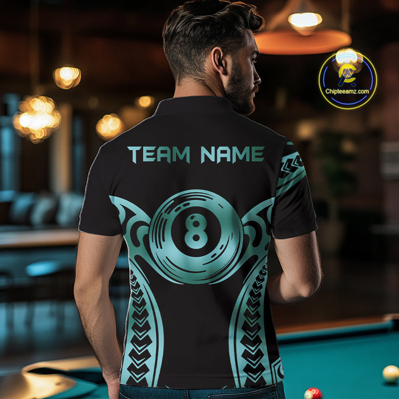 Personalized Black & Teal Tribal Pattern 8 Ball Pool Billiard Shirts Billiard Attire Gifts