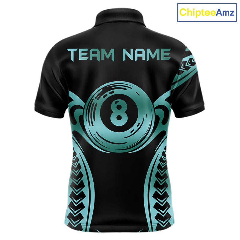 Personalized Black & Teal Tribal Pattern 8 Ball Pool Billiard Shirts Billiard Attire Gifts