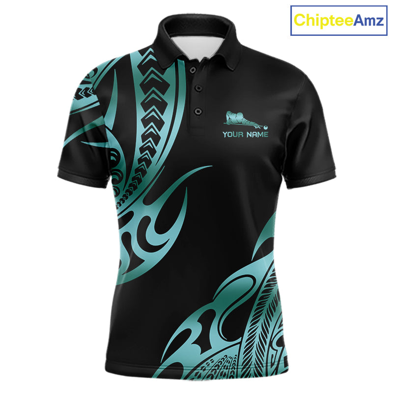 Personalized Black & Teal Tribal Pattern 8 Ball Pool Billiard Shirts Billiard Attire Gifts