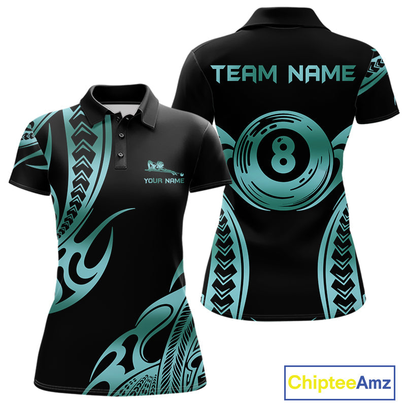 Personalized Black & Teal Tribal Pattern 8 Ball Pool Billiard Shirts Billiard Attire Gifts