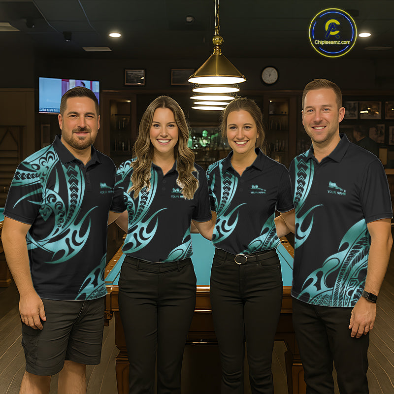 Personalized Black & Teal Tribal Pattern 8 Ball Pool Billiard Shirts Billiard Attire Gifts