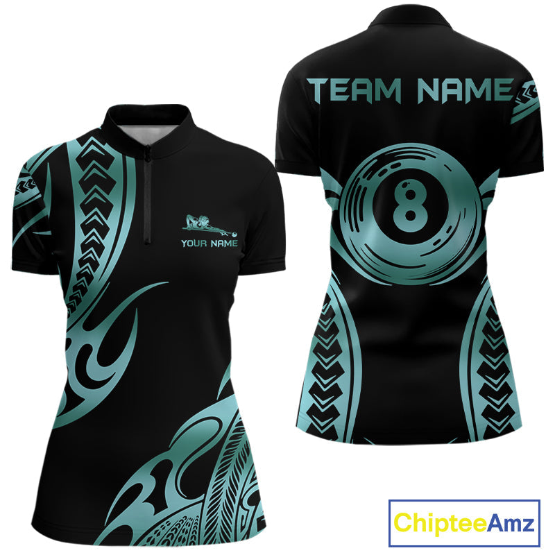 Personalized Black & Teal Tribal Pattern 8 Ball Pool Billiard Shirts Billiard Attire Gifts