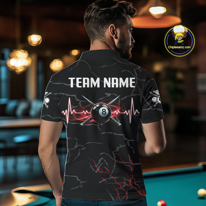 Black & Red Lightning 8 Ball Beat Heart Billiard Shirt Custom Pool Billiard Team Apparel