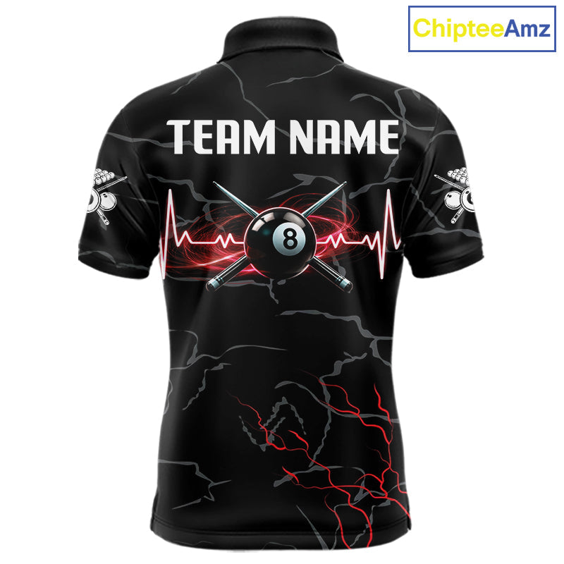 Black & Red Lightning 8 Ball Beat Heart Billiard Shirt Custom Pool Billiard Team Apparel
