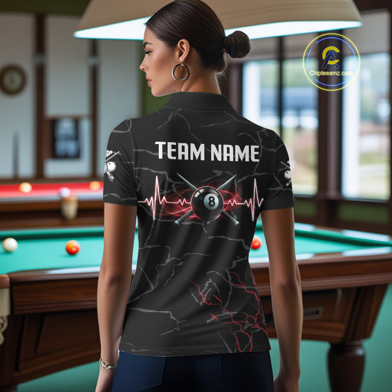 Black & Red Lightning 8 Ball Beat Heart Billiard Shirt Custom Pool Billiard Team Apparel