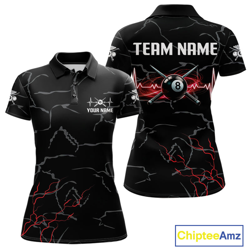 Black & Red Lightning 8 Ball Beat Heart Billiard Shirt Custom Pool Billiard Team Apparel
