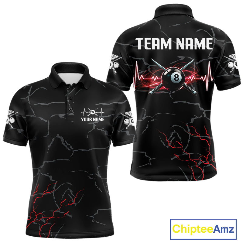 Black & Red Lightning 8 Ball Beat Heart Billiard Shirt Custom Pool Billiard Team Apparel