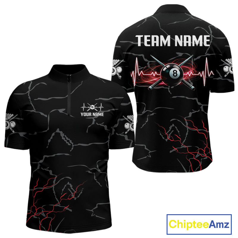 Black & Red Lightning 8 Ball Beat Heart Billiard Shirt Custom Pool Billiard Team Apparel