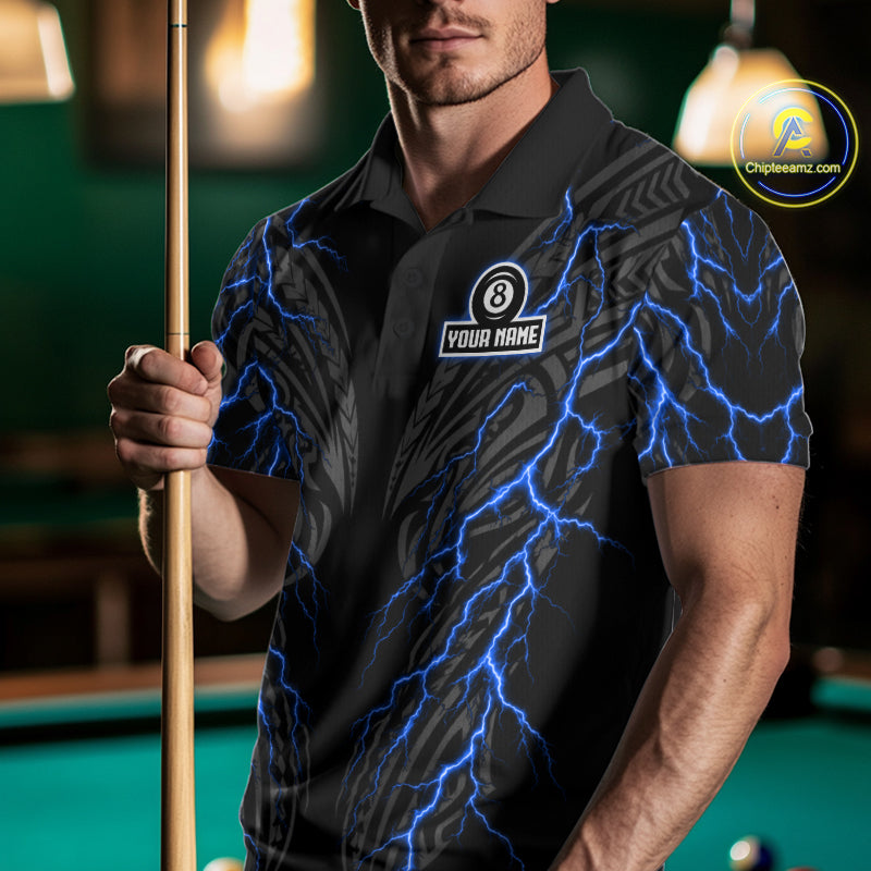 Blue Tribal Pattern Billiard 8 Ball Team Jersey Custom Thunder Lightning Billiard Shirt