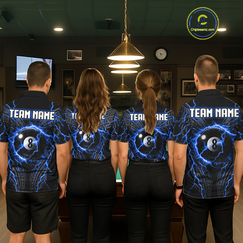 Blue Tribal Pattern Billiard 8 Ball Team Jersey Custom Thunder Lightning Billiard Shirt