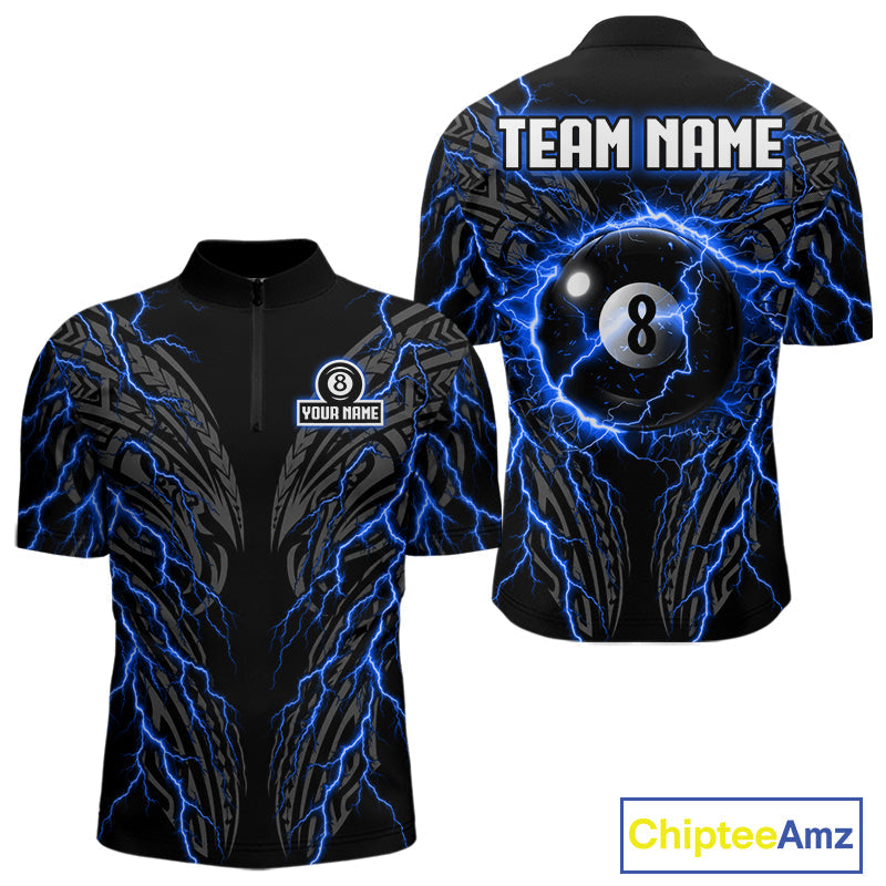 Blue Tribal Pattern Billiard 8 Ball Team Jersey Custom Thunder Lightning Billiard Shirt