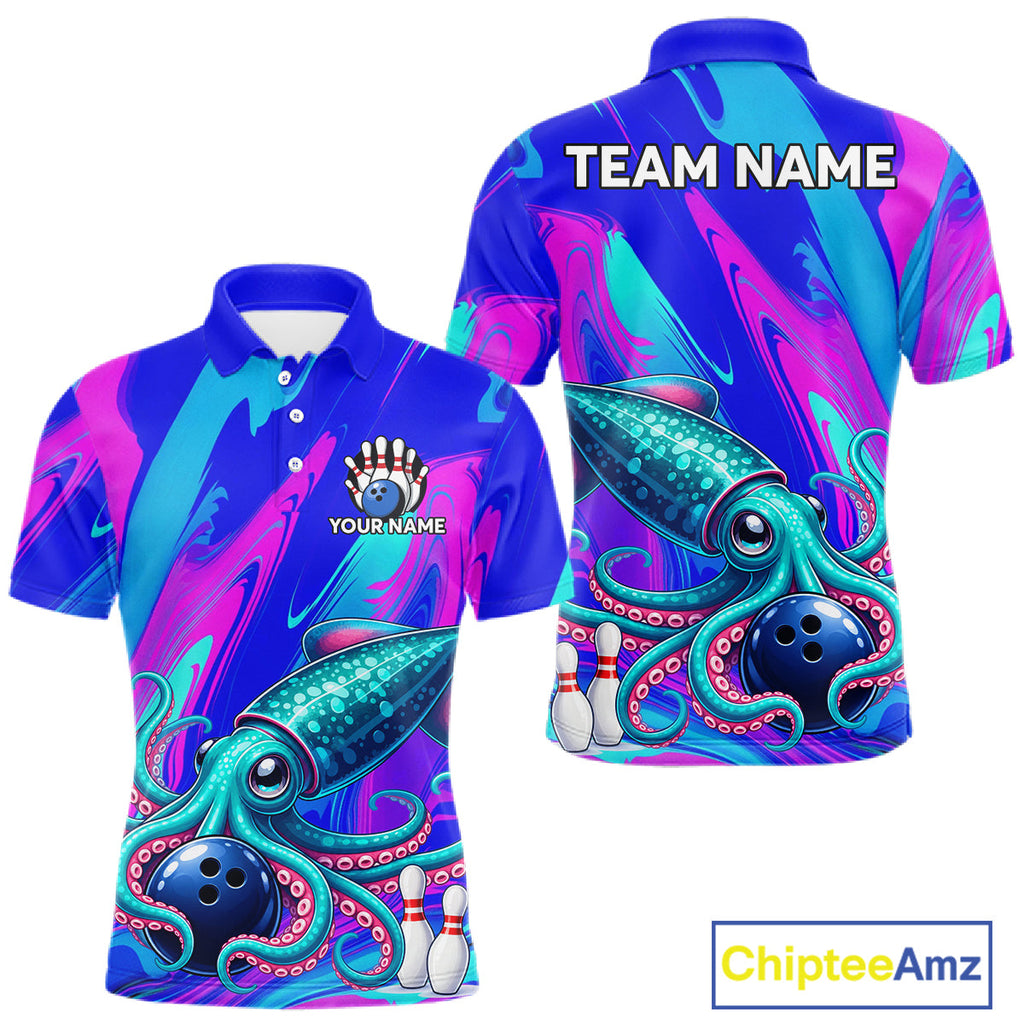 Custom Funny Octopus Bowling Polo 1/4-Zip Shirt Pink Blue Bowling Tournament Jersey