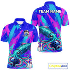 Custom Funny Octopus Bowling Polo 1/4-Zip Shirt Pink Blue Bowling Tournament Jersey