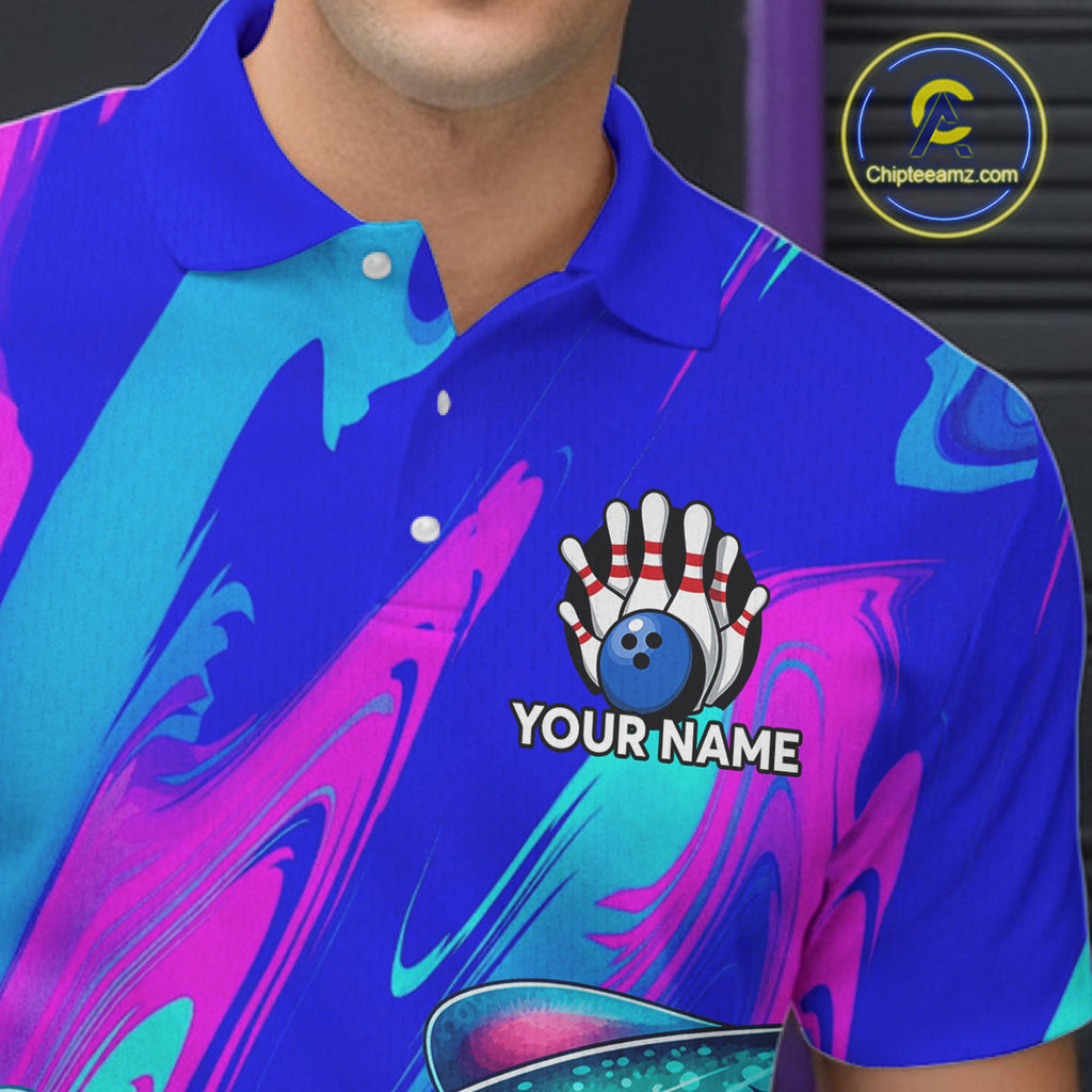 Custom Funny Octopus Bowling Polo 1/4-Zip Shirt Pink Blue Bowling Tournament Jersey