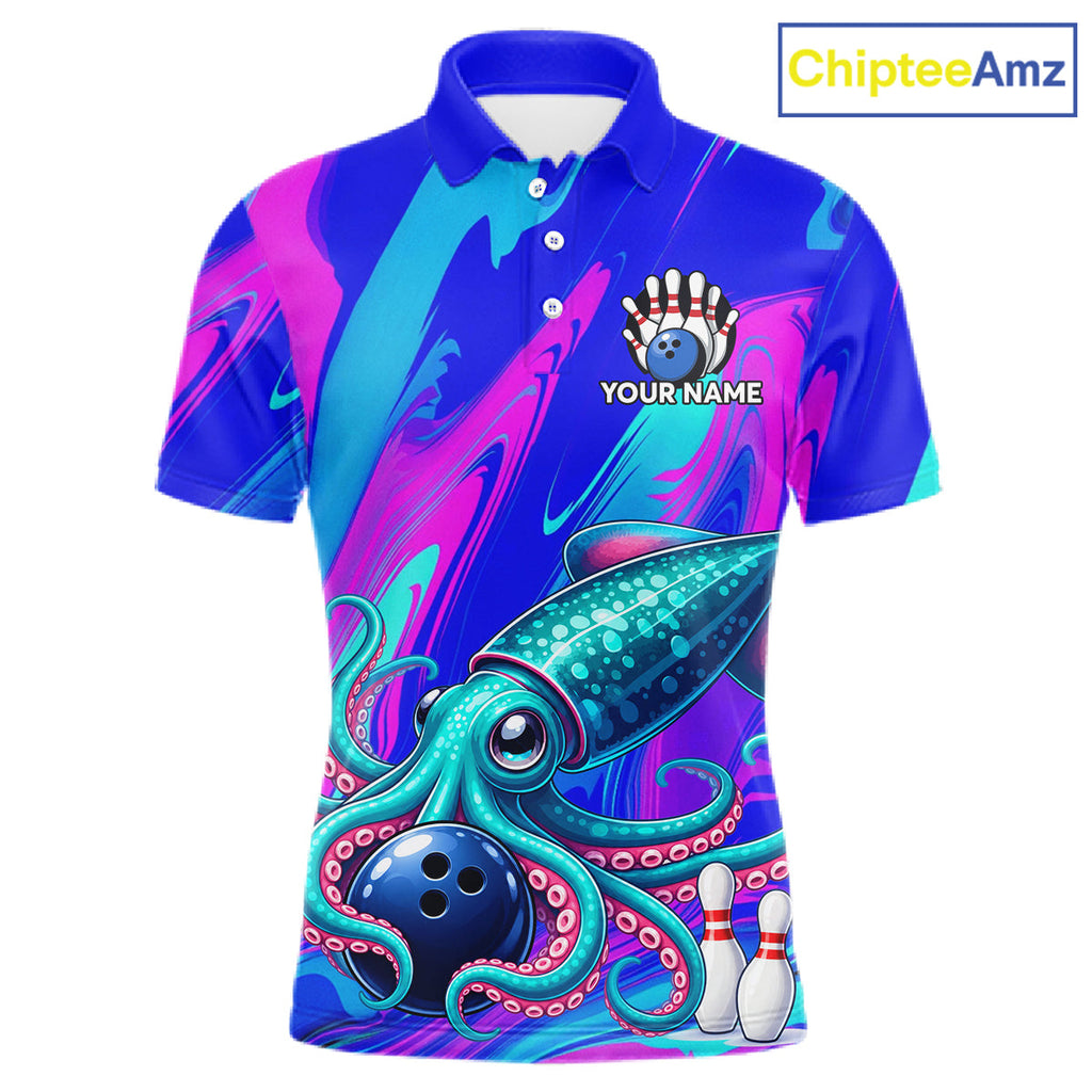 Custom Funny Octopus Bowling Polo 1/4-Zip Shirt Pink Blue Bowling Tournament Jersey