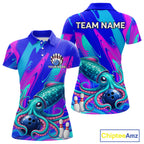 Custom Funny Octopus Bowling Polo 1/4-Zip Shirt Pink Blue Bowling Tournament Jersey