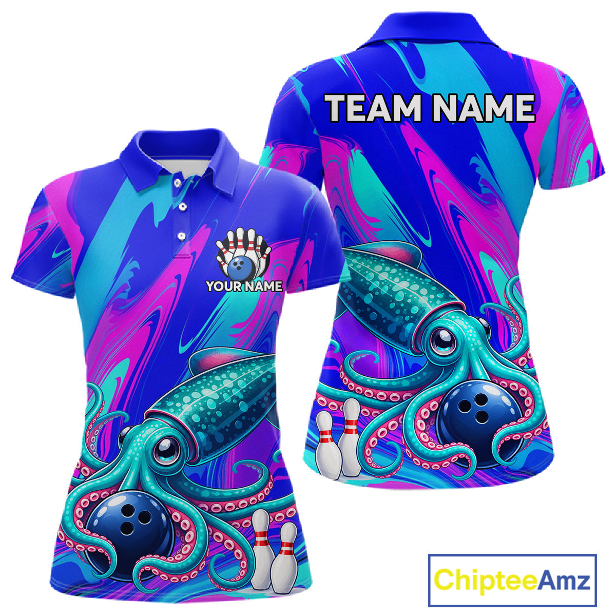 Custom Funny Octopus Bowling Polo 1/4-Zip Shirt Pink Blue Bowling Tournament Jersey