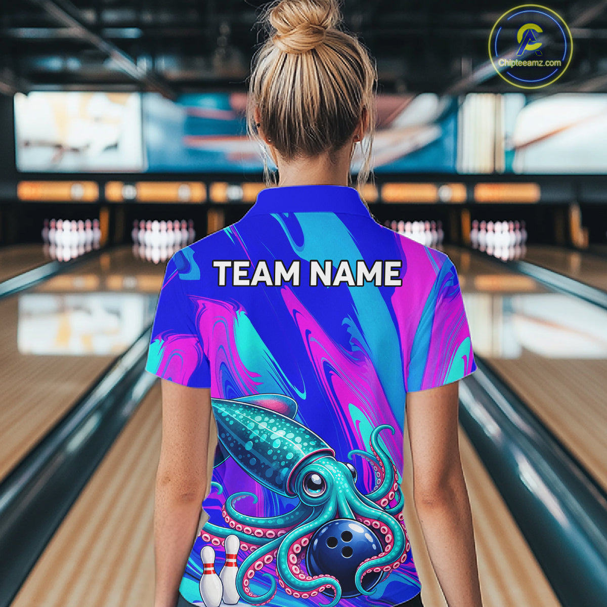 Custom Funny Octopus Bowling Polo 1/4-Zip Shirt Pink Blue Bowling Tournament Jersey