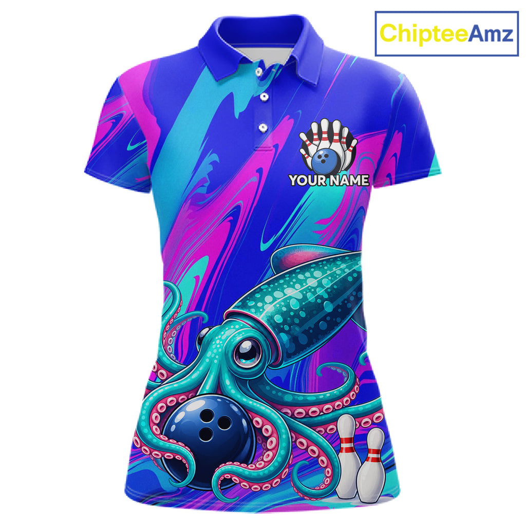 Custom Funny Octopus Bowling Polo 1/4-Zip Shirt Pink Blue Bowling Tournament Jersey