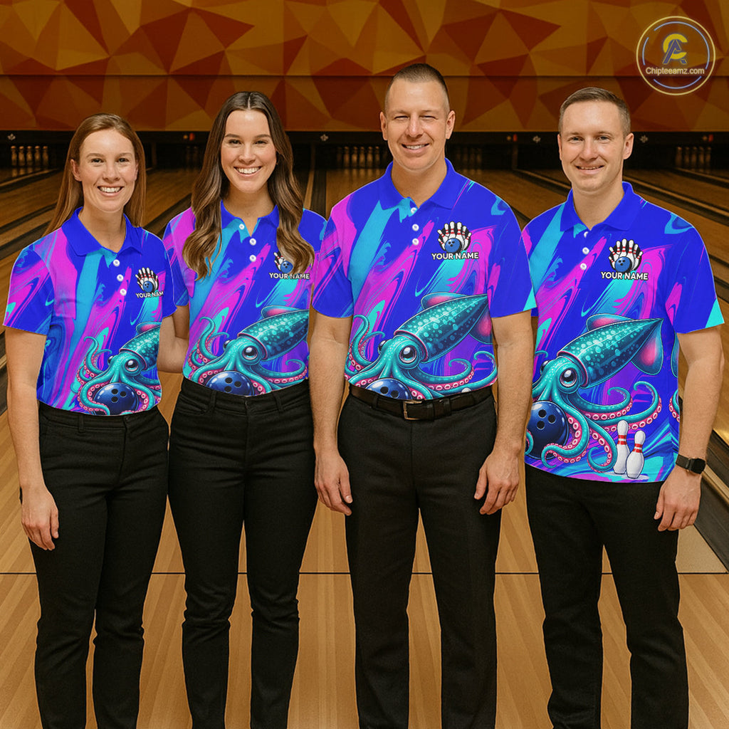 Custom Funny Octopus Bowling Polo 1/4-Zip Shirt Pink Blue Bowling Tournament Jersey