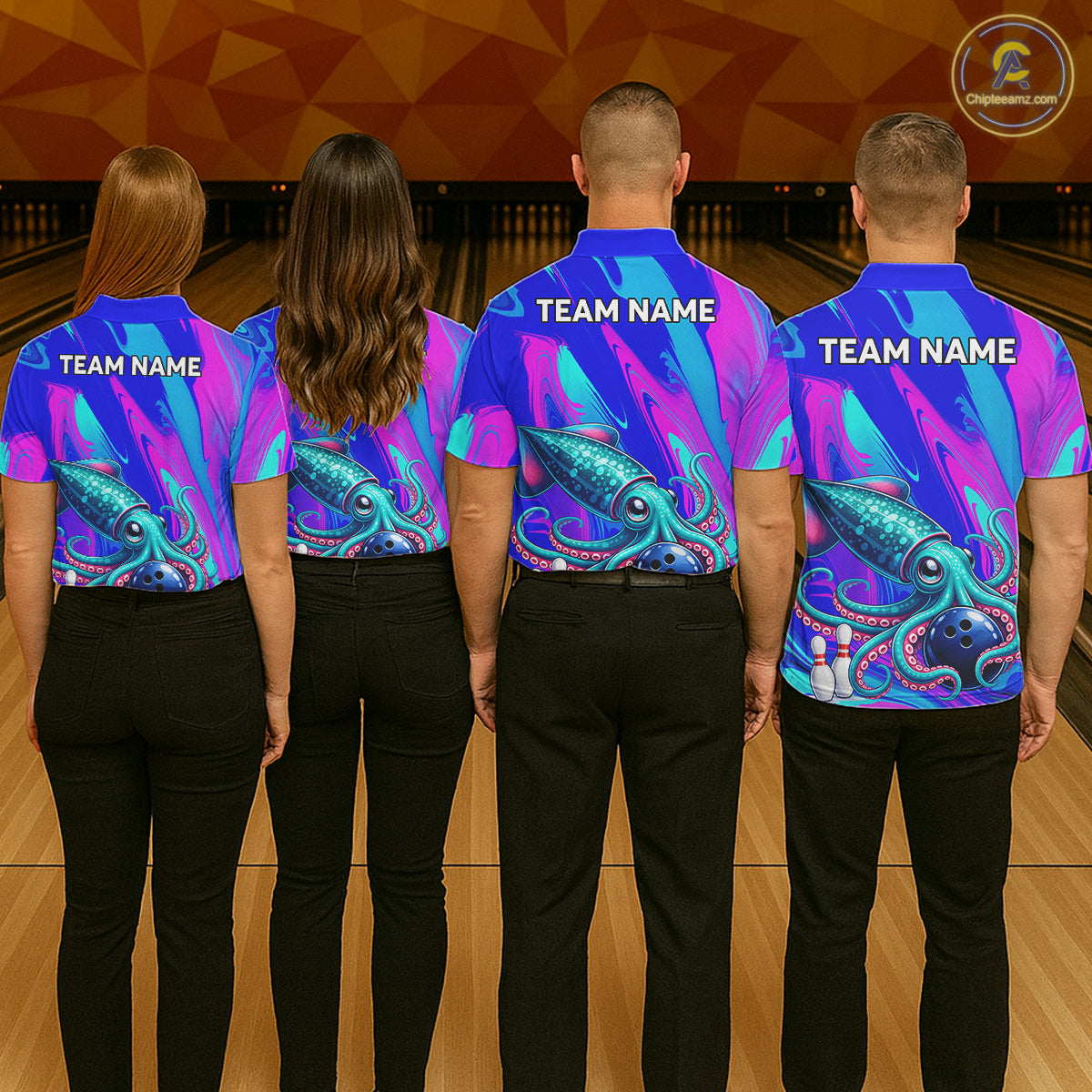Custom Funny Octopus Bowling Polo 1/4-Zip Shirt Pink Blue Bowling Tournament Jersey