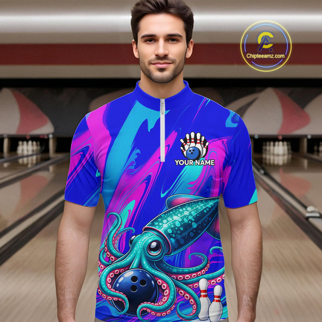 Custom Funny Octopus Bowling Polo 1/4-Zip Shirt Pink Blue Bowling Tournament Jersey